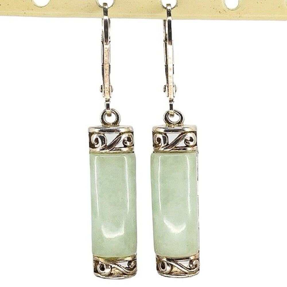 Sterling Silver Green Jade Leverback Earrings PAJ 925 China 6.77g Scroll Design